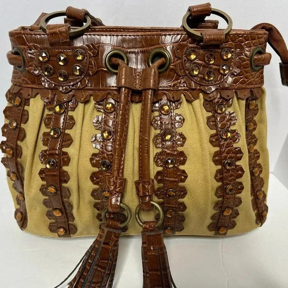 Sondra Roberts Jewel Studded Brown Canvas and vegan Leather Shoulder Bag ✨ - Picture 1 of 7